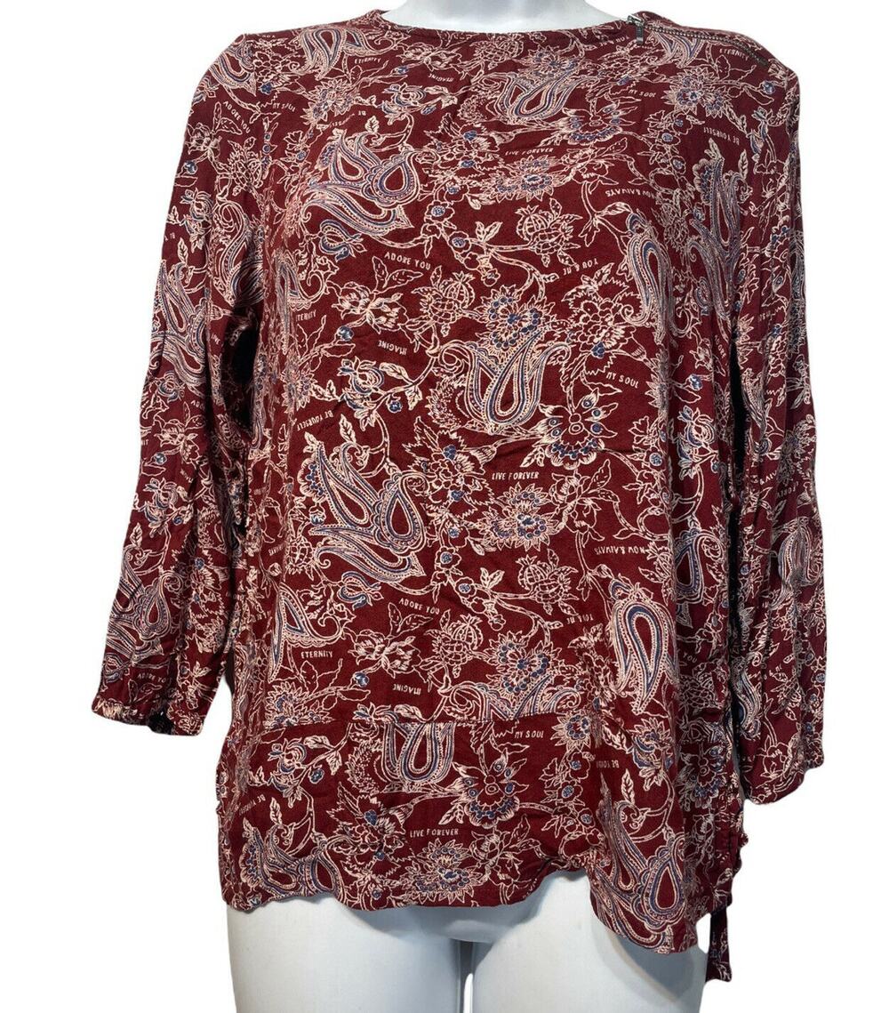 vero moda paisley motivational Top long sleeve shoulder zip braided blouse M